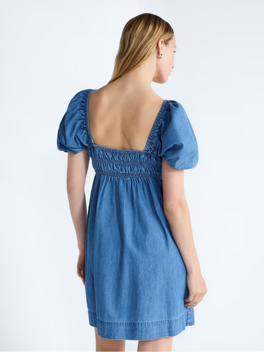 Smocked Square-Neck Mini Dress in denim with puff sleeves and pockets - Picture 3 of 12